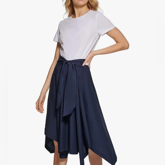 DKNY Women's Mixed-Media Tie-Front Short Sleeve Knit
Dress - Picture 1 of 8